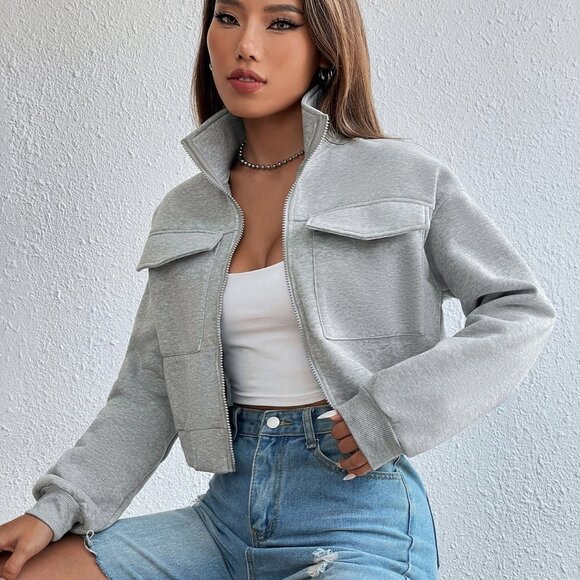 Grey Casual Womens Solid Zip Up Drop Shoulder Sweatshirt - Picture 5 of 5